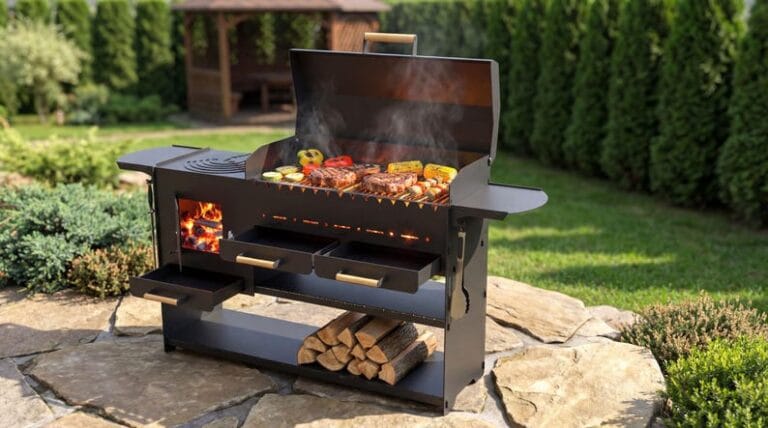 Šašlykinė „Pro Grill“ su dangčiu, kaminu ir lentyna